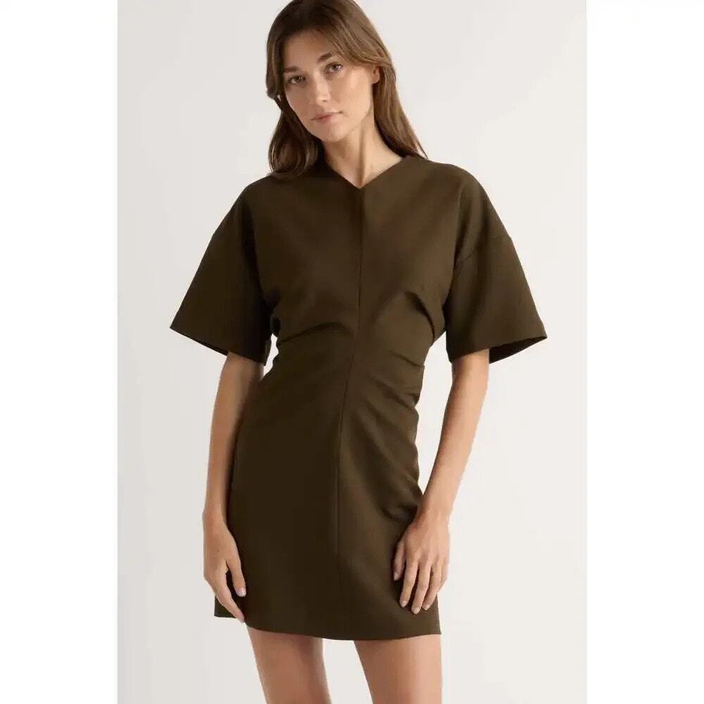 MODERN CITIZEN Fiore Ruched V-Neck Mini Dress Olive Brown Size Extra Large XL